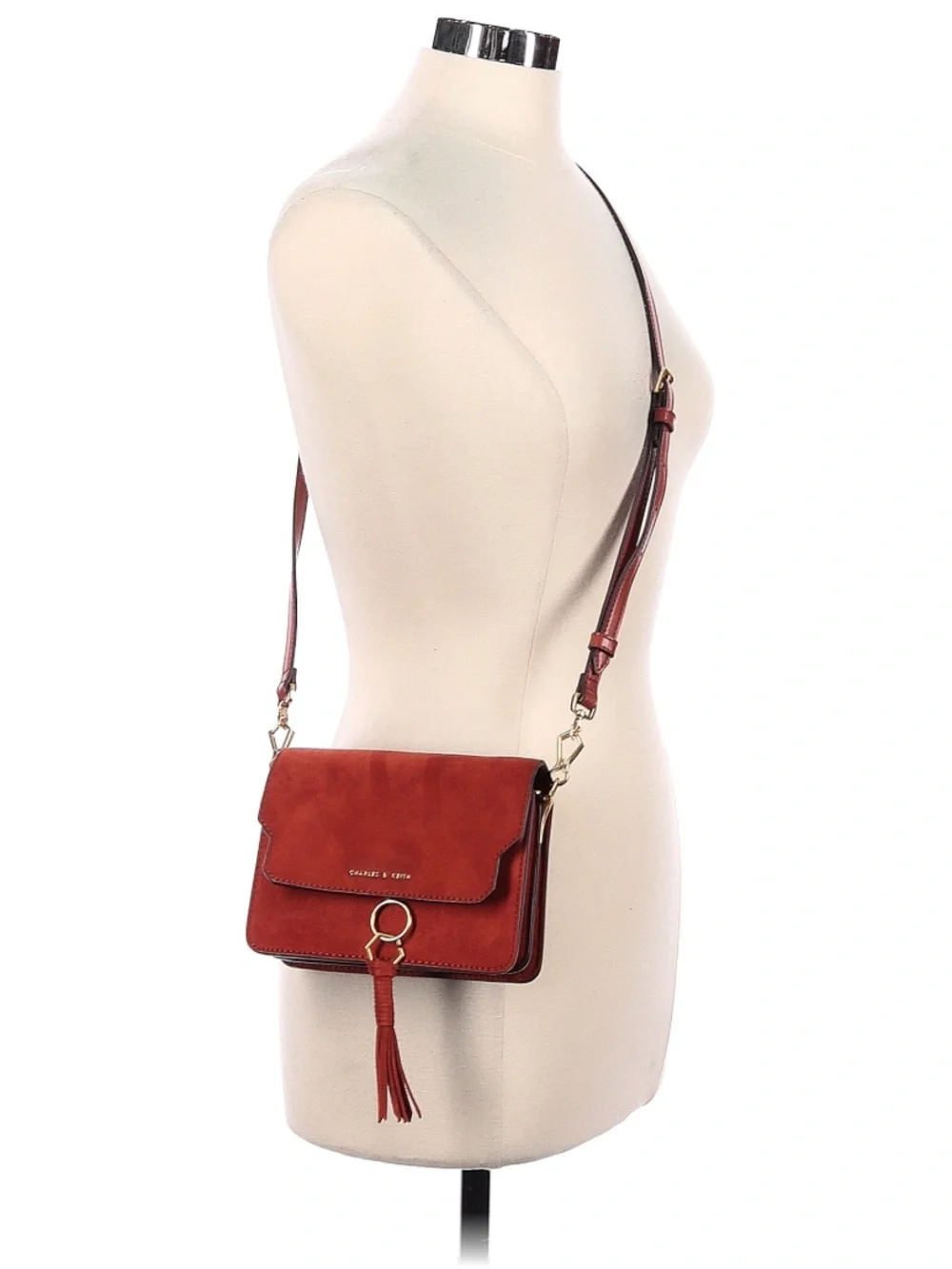 Charles & Keith Red Brown Suede Crossbody Bag with Tassel